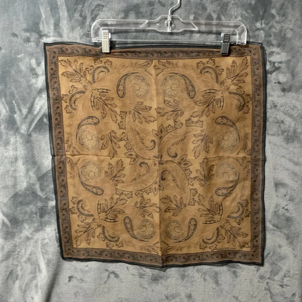 Jones New York Vtg Silk Blend Paisley Scarf Wrap Tan Brown Black Square